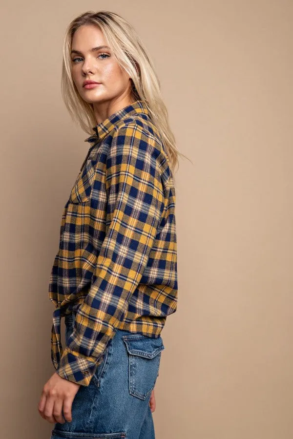 Tie Front Button Down Plaid Shirt With Front Pocket - 2 colors